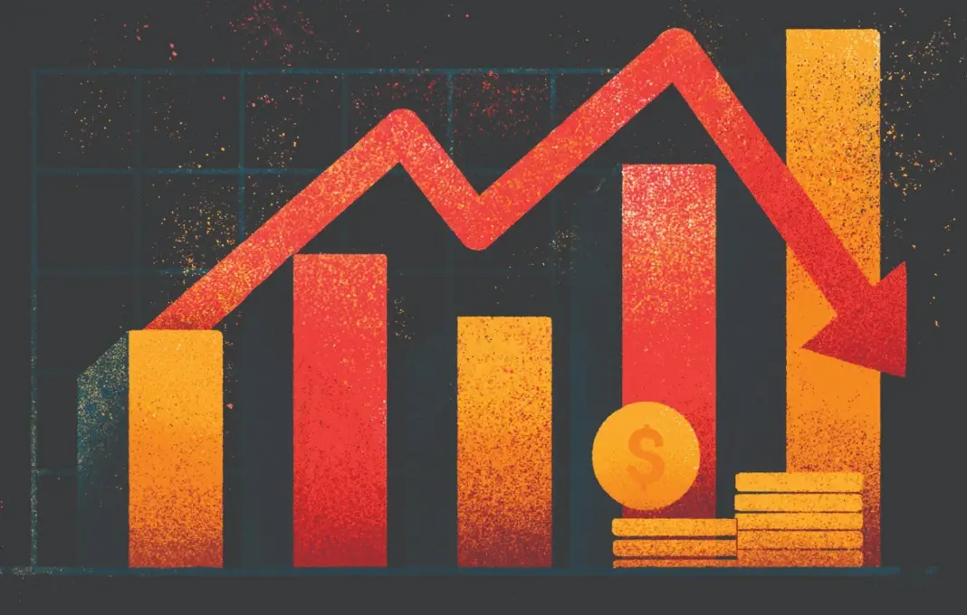 Arrow pointing down in front of bar chart with stack of coins