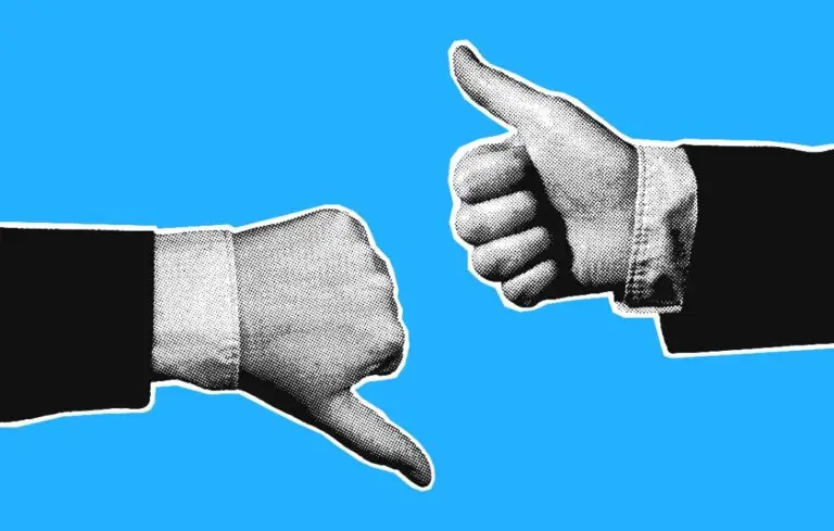 Two halftone businessman hands showing thumbs up and thumbs down on blue background.