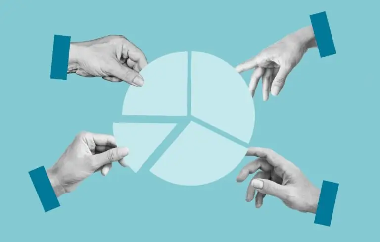 Collage with the hands and pie chart