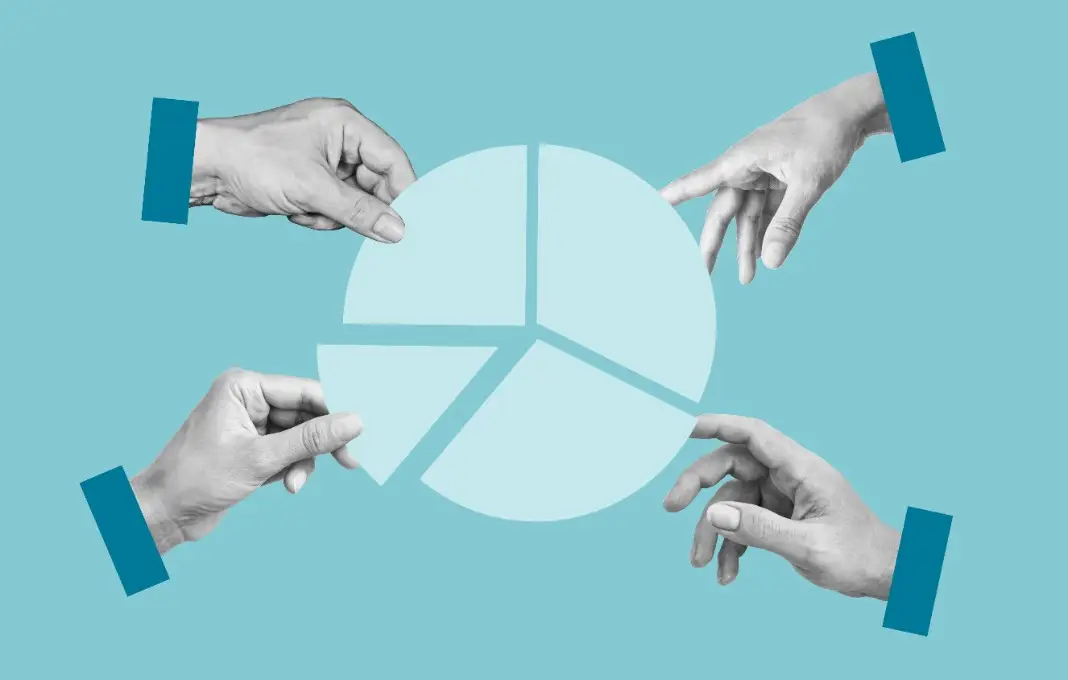 Collage with the hands and pie chart