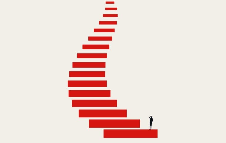 Minimalist vector illustration of a person facing a long flight of stairs.