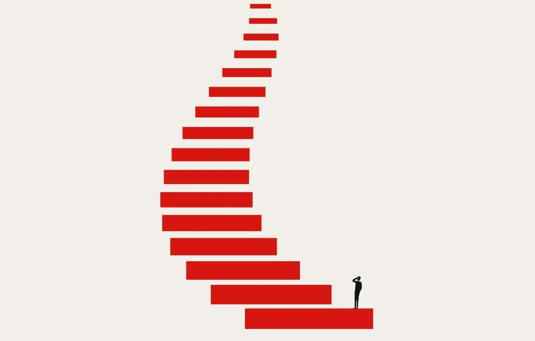 Minimalist vector illustration of a person facing a long flight of stairs.
