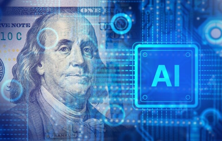 Composite image of hundred dollar bill and AI symbol