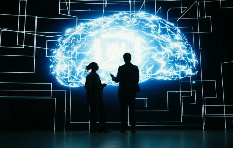 People standing in front of projection of brain