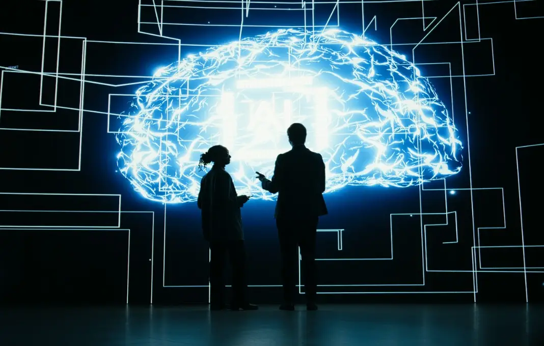 People standing in front of projection of brain