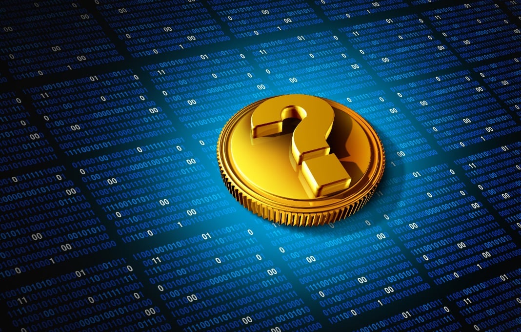 Golden question mark coin on a background of binary code