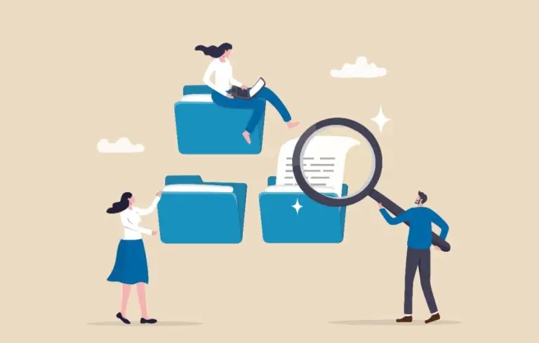 Illustration of business people working with paper document file folder.