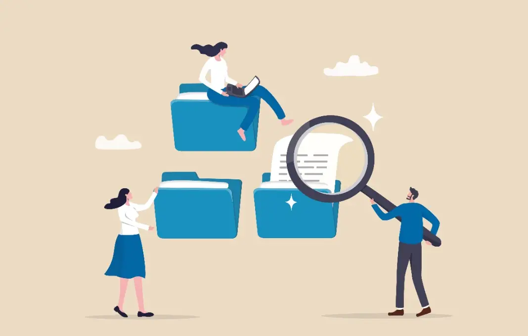 Illustration of business people working with paper document file folder.