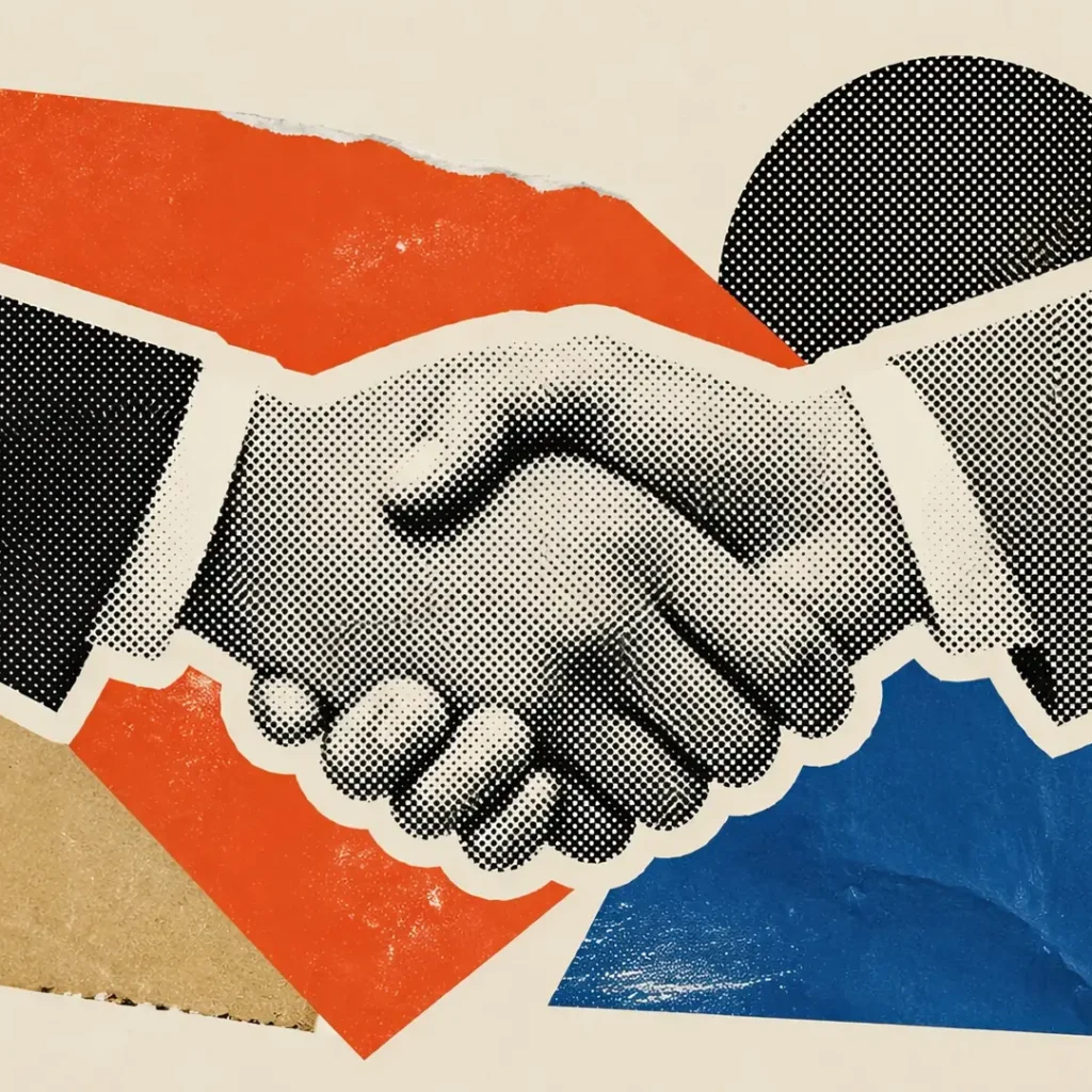 Banner Abstract halftone handshake collage with colorful torn paper and geometric shapes