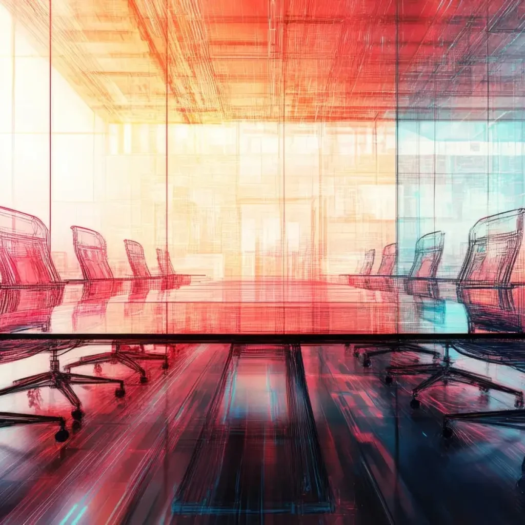 Abstract sketch of virtual robotics technology on a contemporary boardroom backdrop illustrating concepts of future technology and AI through double exposure